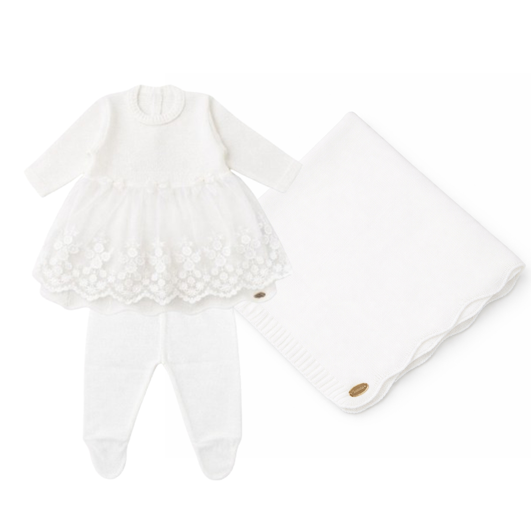 Saída Maternidade Chandra Vestido Tricô E Manta 3 Peças