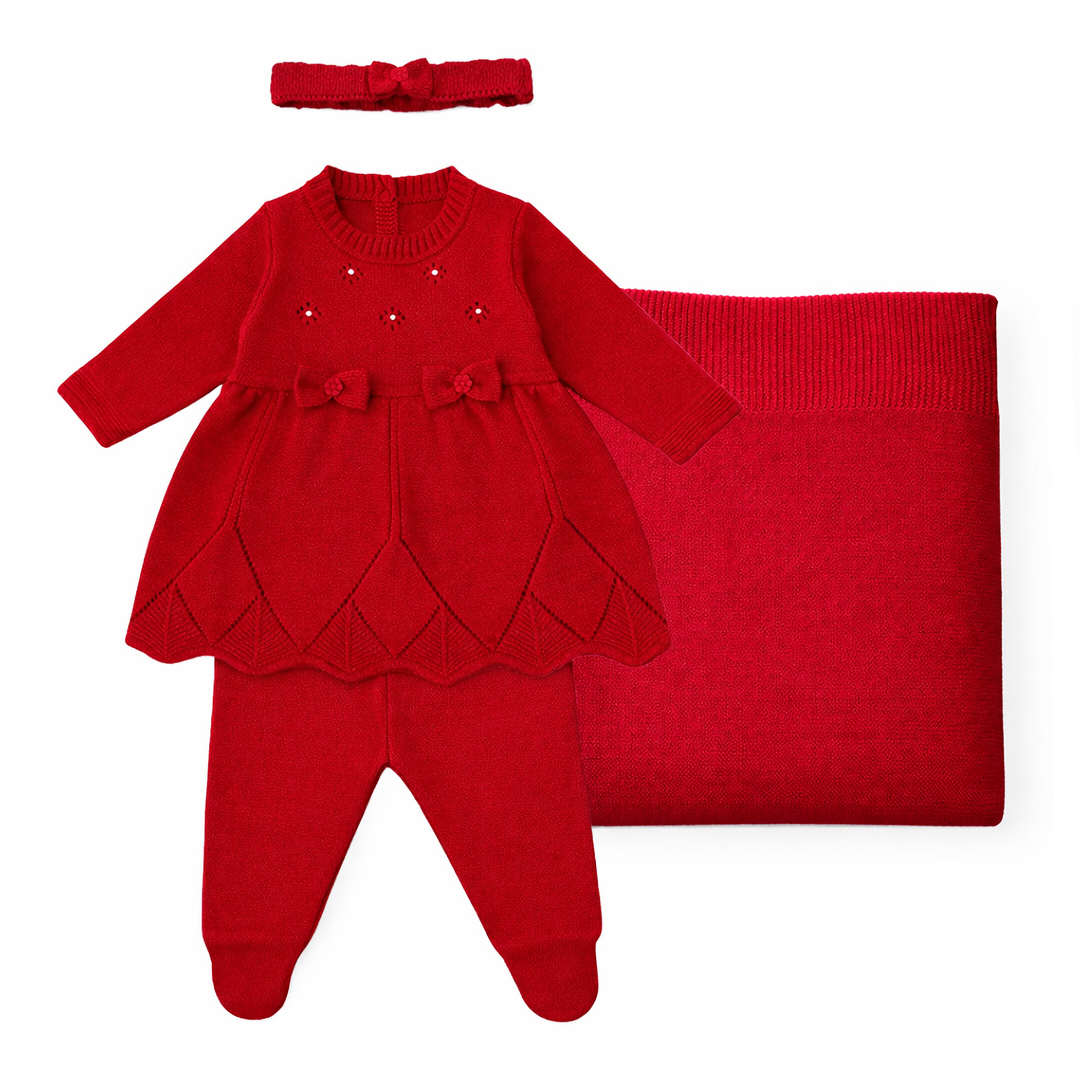 Saída Maternidade Chandra Vestido Tricô E Manta 4 Peças