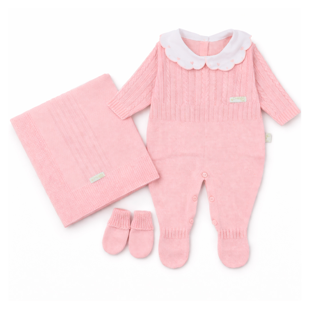 Saída Maternidade Chandra  Tricô Detalhe Bordado 3 Peças