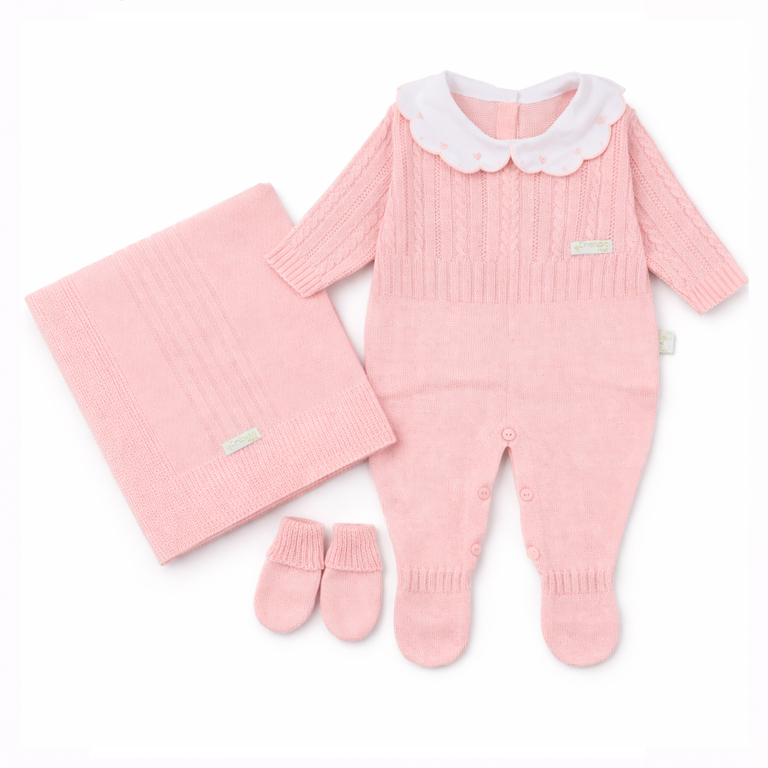 Saída Maternidade Chandra  Tricô Detalhe Bordado 3 Peças