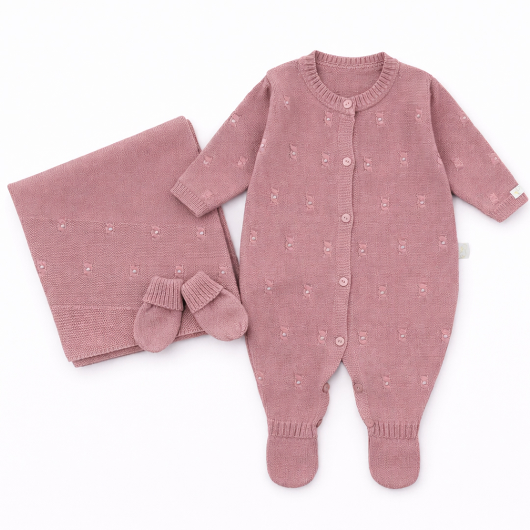 Saída Maternidade Chandra  Tricô Detalhe Pérola 3 Peças