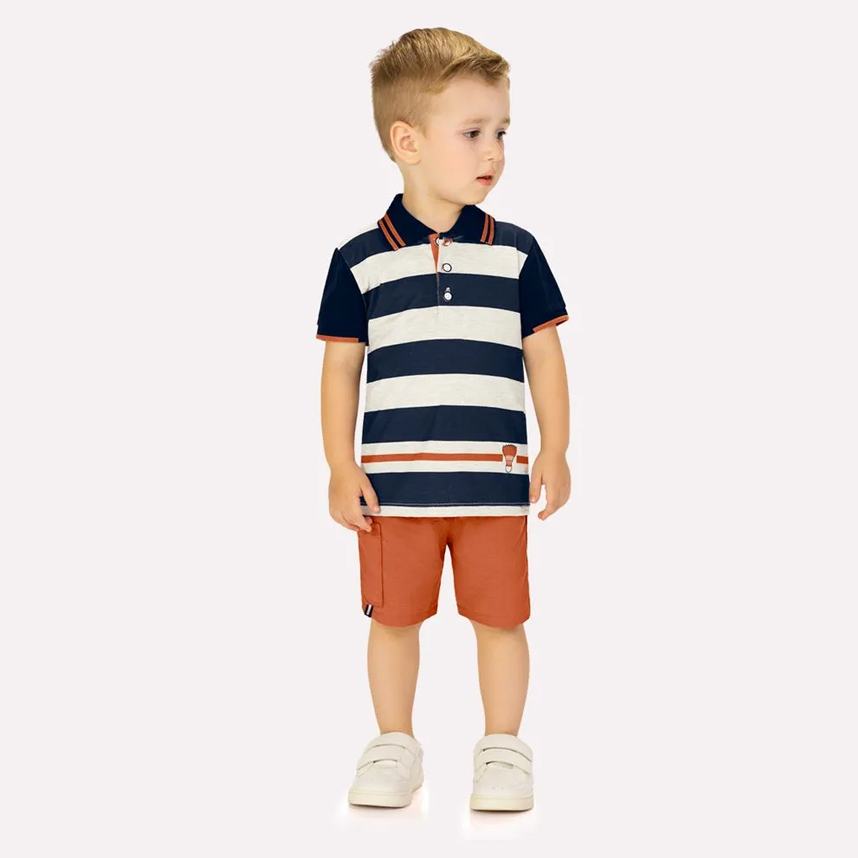 Conjunto Infantil Milon Camisa Polo Faixas E Bermuda Sarja Conjunto Infantil Milon Camisa Polo Faixas E Bermuda Sarja