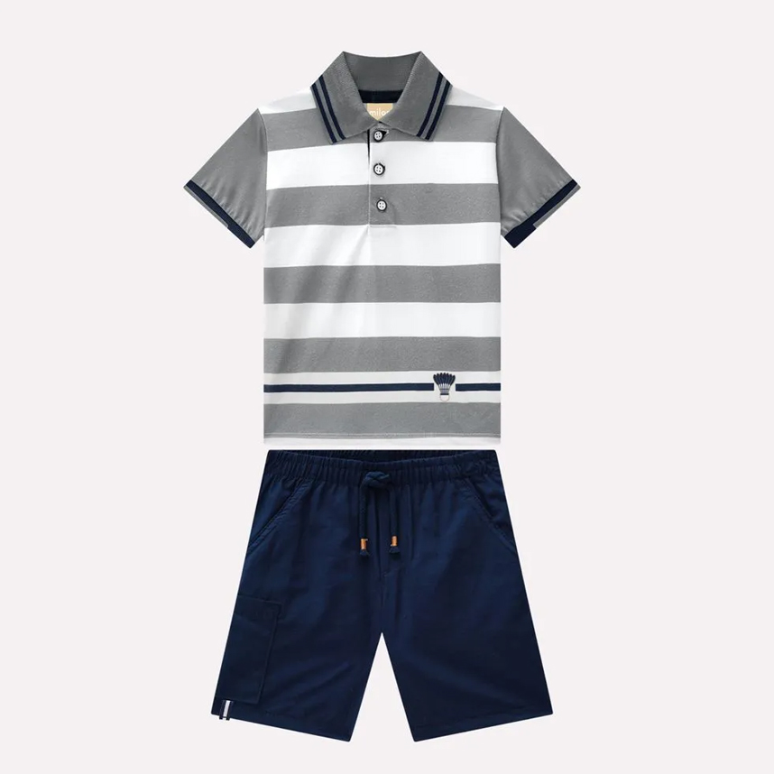 Conjunto Infantil Milon Camisa Polo Faixas E Bermuda Sarja Conjunto Infantil Milon Camisa Polo Faixas E Bermuda Sarja