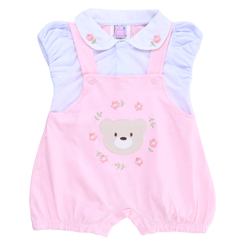 Macacão Curto Bebê Din Don Bordado Urso E Flores