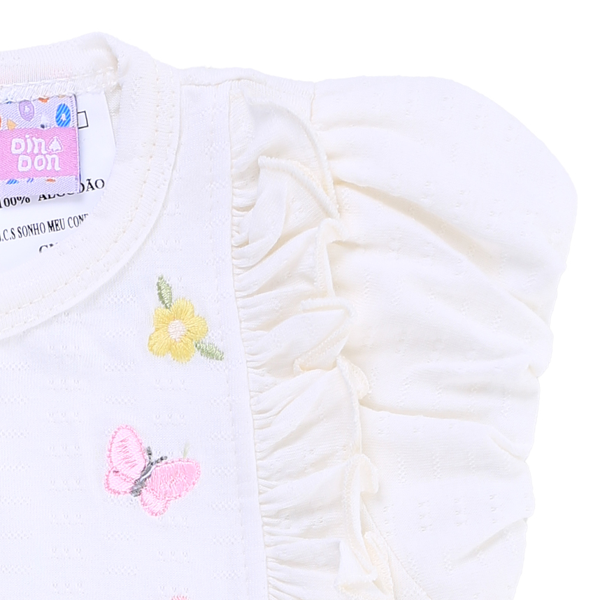 Macacão Curto Bebê Din Don Bordado Borboletas E Flores Macacão Curto Bebê Din Don Bordado Borboletas E Flores