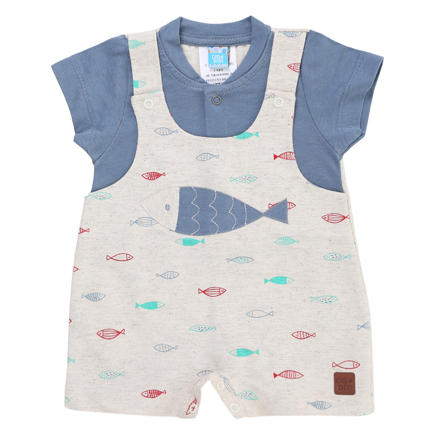Macacão Curto Bebê Din Don Estampa E Bordado Peixe Macacão Curto Bebê Din Don Estampa E Bordado Peixe