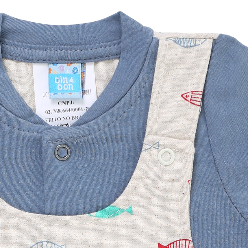 Macacão Curto Bebê Din Don Estampa E Bordado Peixe Macacão Curto Bebê Din Don Estampa E Bordado Peixe