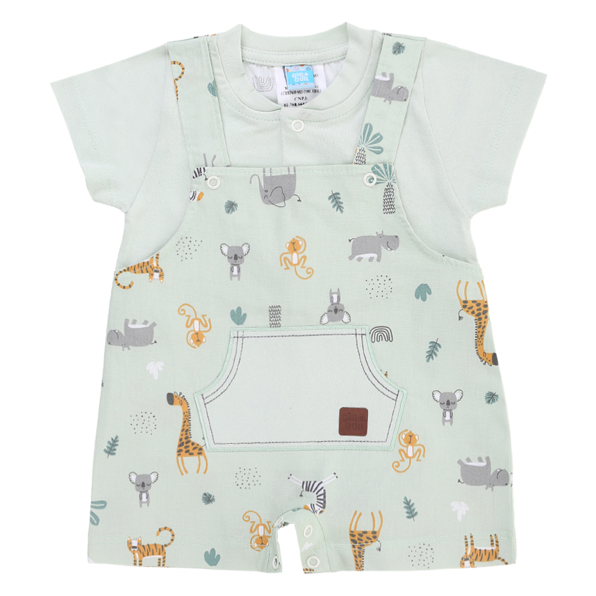 Macacão Curto Bebê Din Don Estampa Safari E Bolso Bordado Macacão Curto Bebê Din Don Estampa Safari E Bolso Bordado