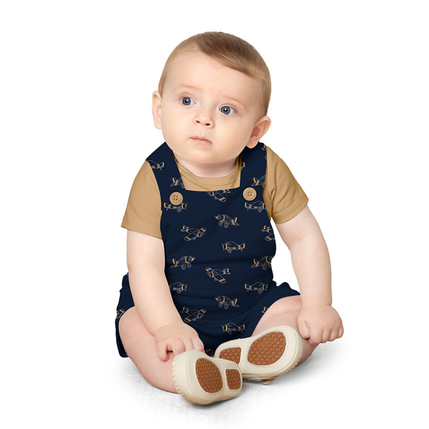 Macacão Curto Bebê Milon E Body Cotton Estampa Avião 2 Peças