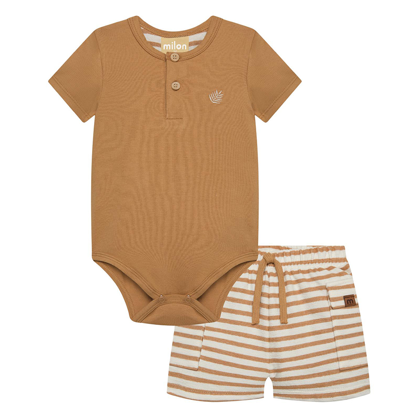 Conjunto Bebê Milon Body Cotton E Bermuda Malha Fio Tinto