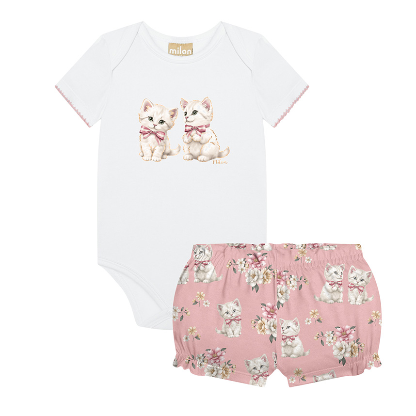 Conjunto Bebê Milon  Body E Short Em Cotton Estampa Gatinha