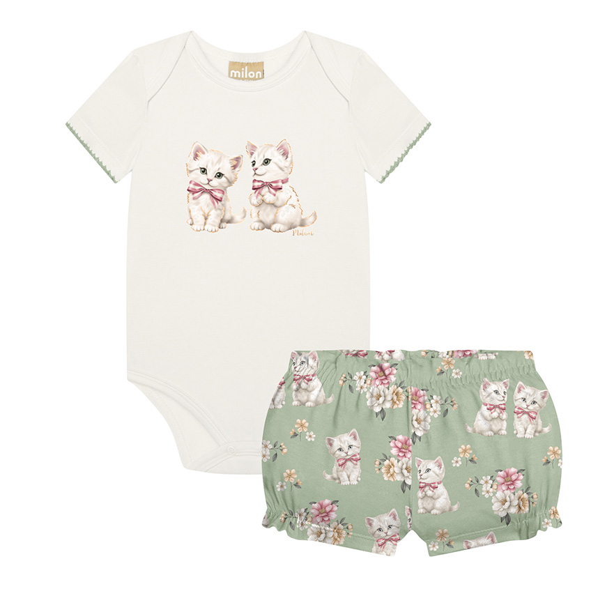 Conjunto Bebê Milon  Body E Short Em Cotton Estampa Gatinha