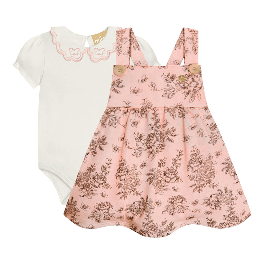Salopete Bebê Milon E Body Bordado Estampa Flores