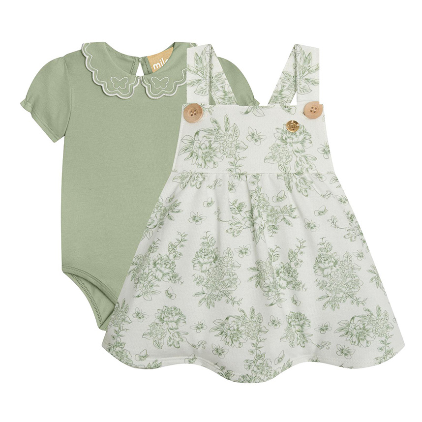 Salopete Bebê Milon E Body Bordado Estampa Flores Salopete Bebê Milon E Body Bordado Estampa Flores