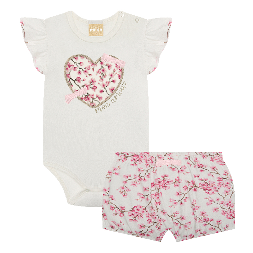 Conjunto Bebê Milon Body E Short Estampa Floral Em Cotton