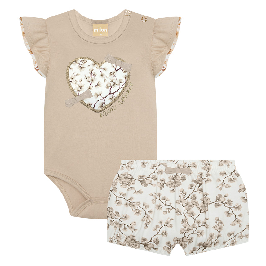 Conjunto Bebê Milon Body E Short Estampa Floral Em Cotton
