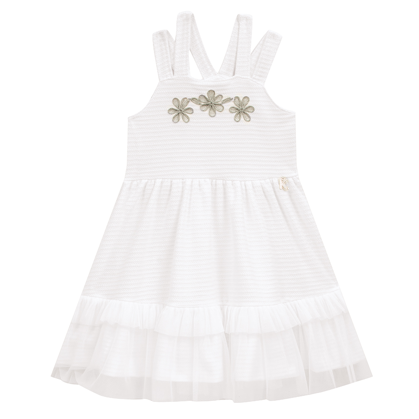 Vestido Infantil Kiki Alça Dupla Bordado Flores