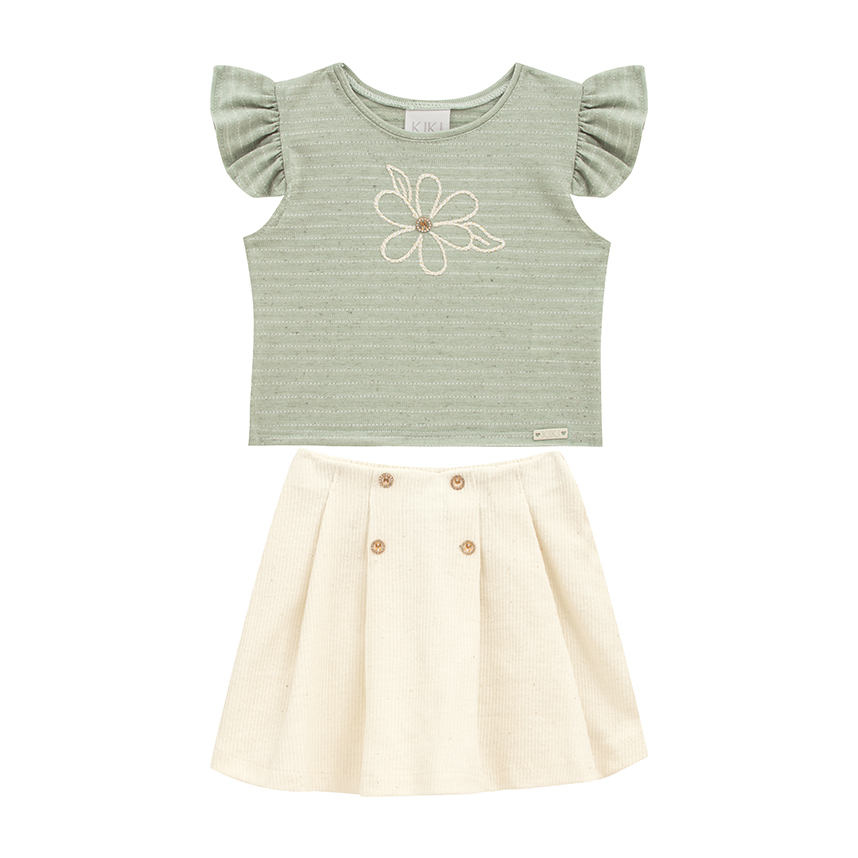 Conjunto Infantil Kiki Blusa Manga Curta Bordado Flor E Saia Conjunto Infantil Kiki Blusa Manga Curta Bordado Flor E Saia