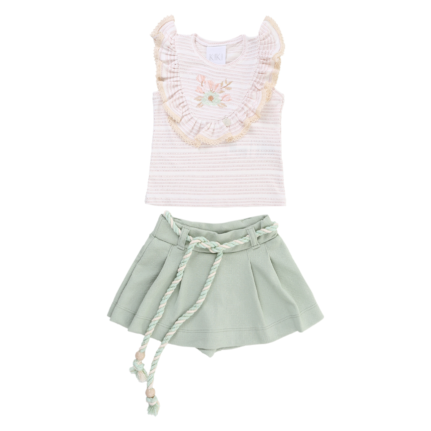Conjunto Infantil Kiki Blusa Manga Curta Babado E Short Saia