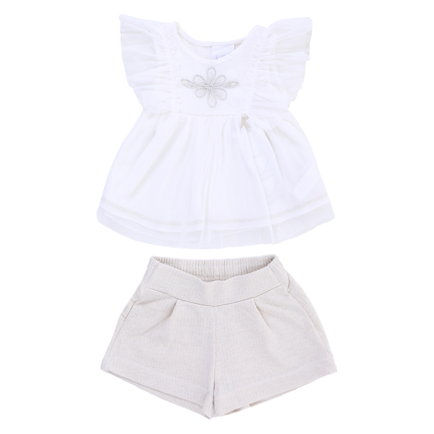 Conjunto Infantil Kiki Blusa Em Tule Bordado Flor E Short