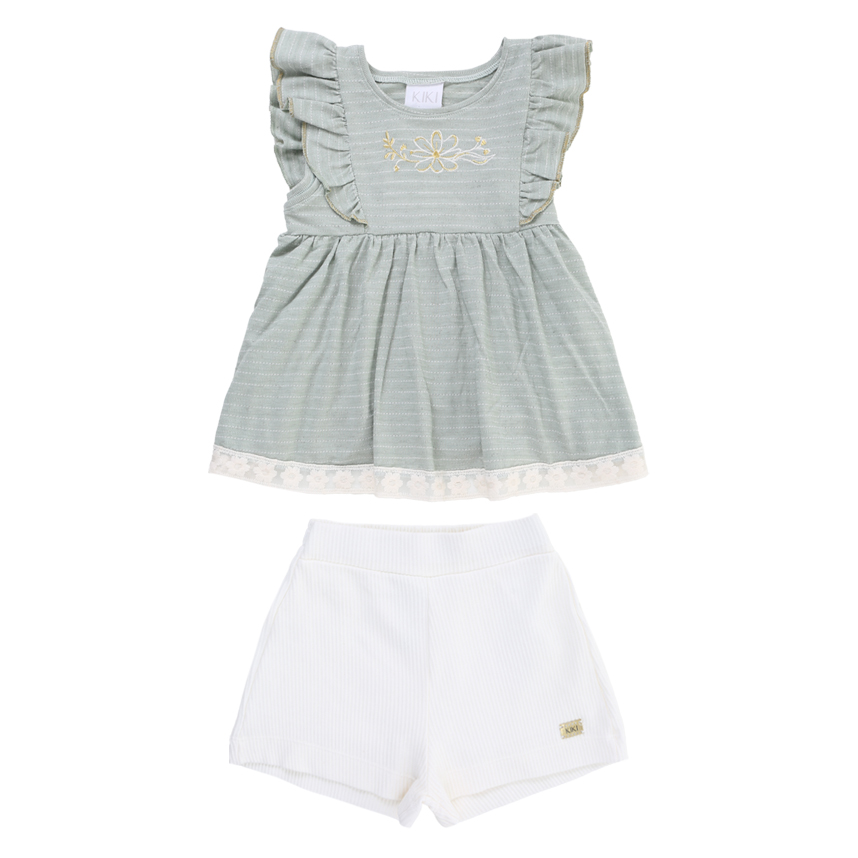 Conjunto Infantil Kiki Blusa Bordado Flor Com Babado E Short