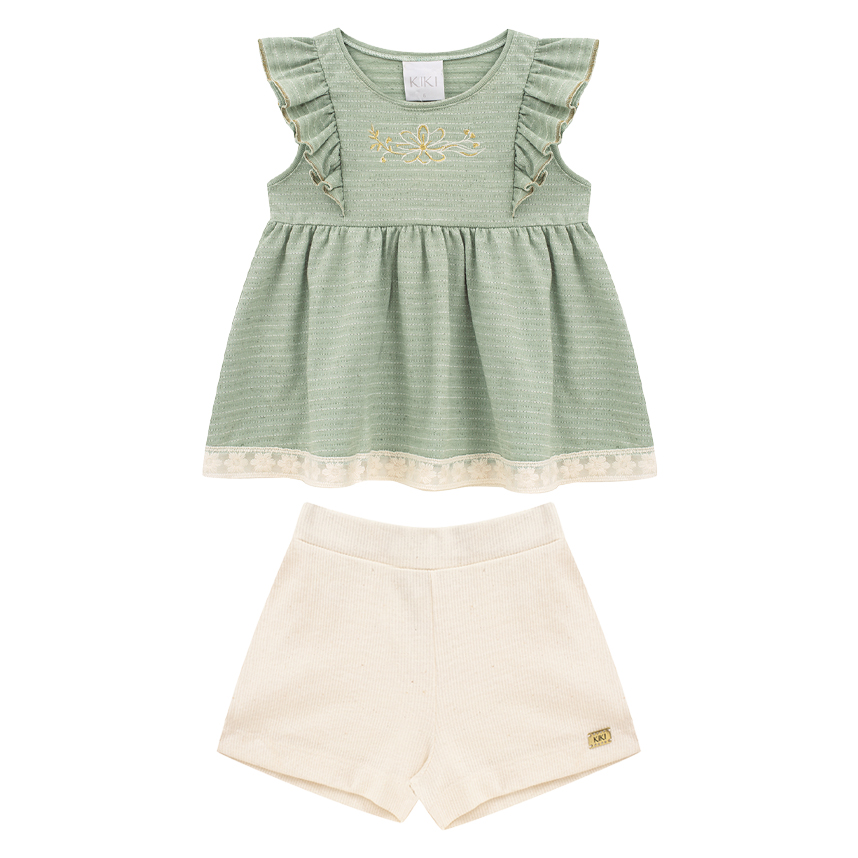 Conjunto Infantil Kiki Blusa Bordado Flor Com Babado E Short Conjunto Infantil Kiki Blusa Bordado Flor Com Babado E Short
