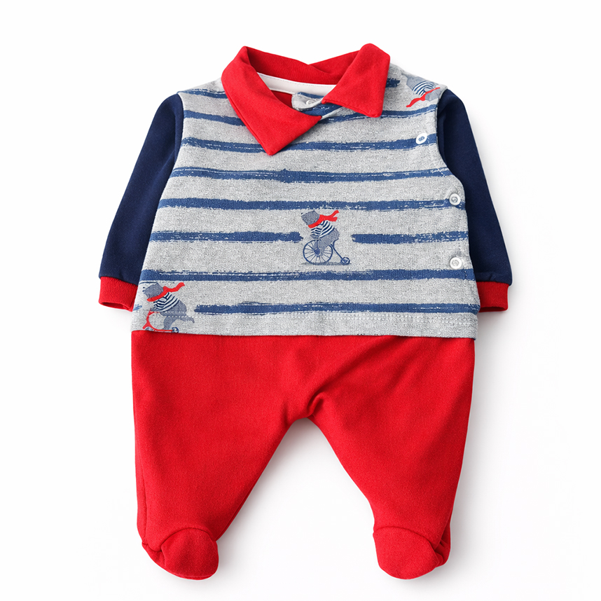 Macacão Bebê Baby Bee Longo Bordado Urso Detalhe Listrado Macacão Bebê Baby Bee Longo Bordado Urso Detalhe Listrado