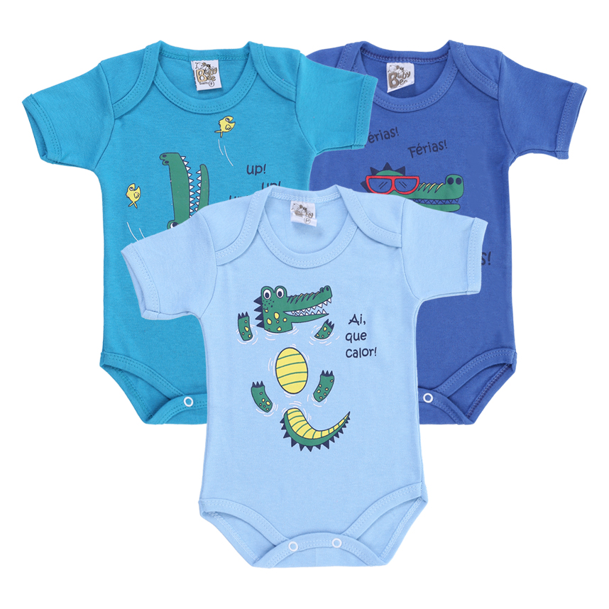 Body Bebê Baby Bee Manga Curta Estampa Jacaré 3 Peças Body Bebê Baby Bee Manga Curta Estampa Jacaré 3 Peças