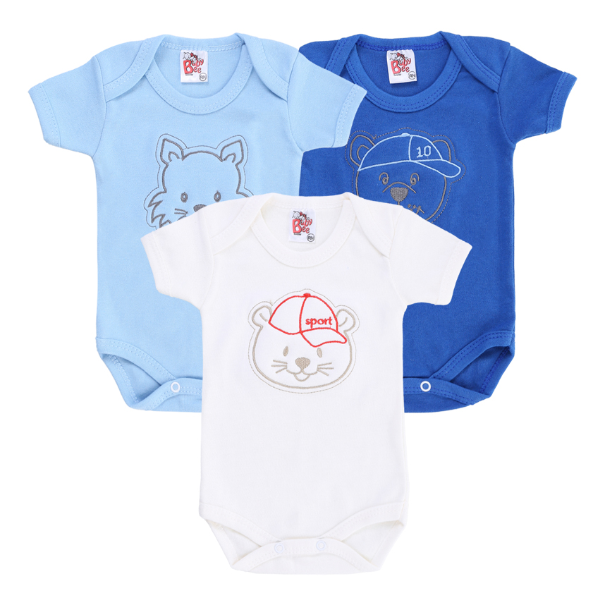 Kit Body Bebê Baby Bee Manga Curta Bordado Urso 3 Peças Kit Body Bebê Baby Bee Manga Curta Bordado Urso 3 Peças