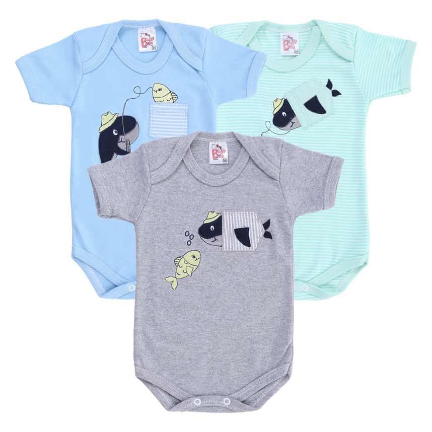 Kit Body Bebê Baby Bee Manga Curta Bordado Baleia 3 Peças Kit Body Bebê Baby Bee Manga Curta Bordado Baleia 3 Peças