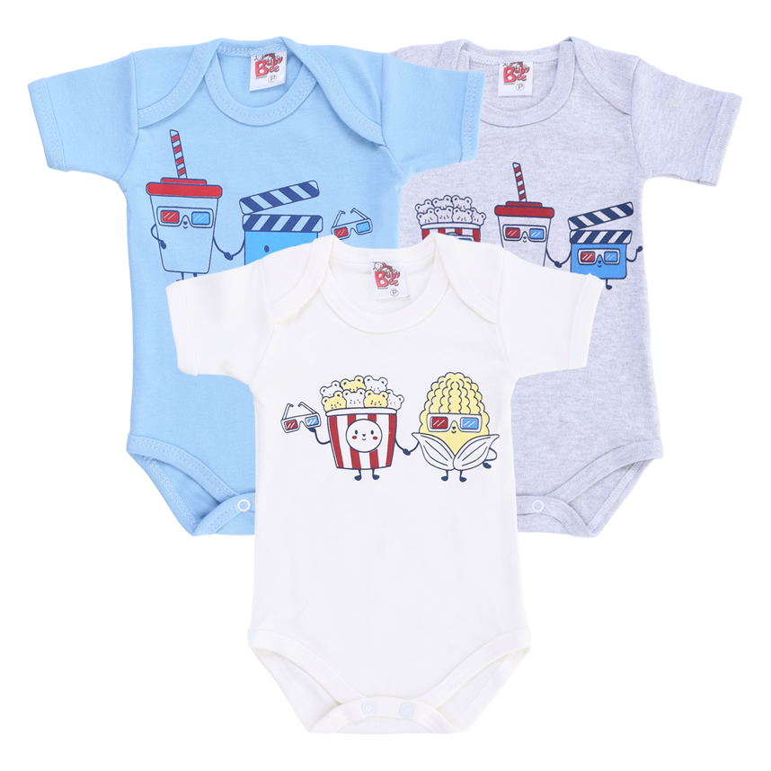 Kit Body Bebê Baby Bee Manga Curta Cinema Pipoca 3 Peças Kit Body Bebê Baby Bee Manga Curta Cinema Pipoca 3 Peças