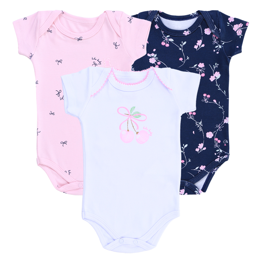 Kit Body Bebê Kiko Manga Curta Estampa Cereja 3 Peças