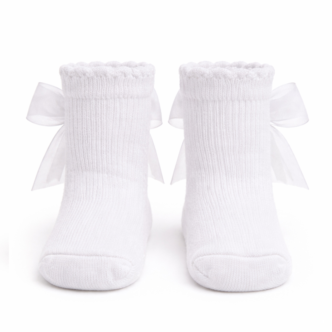 Meia Infantil Brando Cano Médio Canelada Com Laço