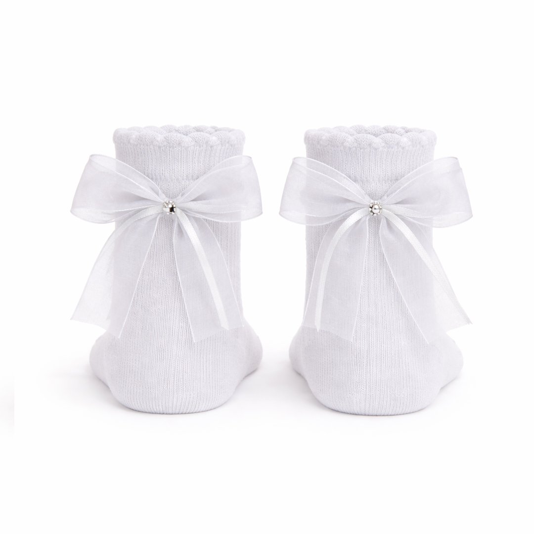 Meia Infantil Brando Cano Médio Canelada Com Laço