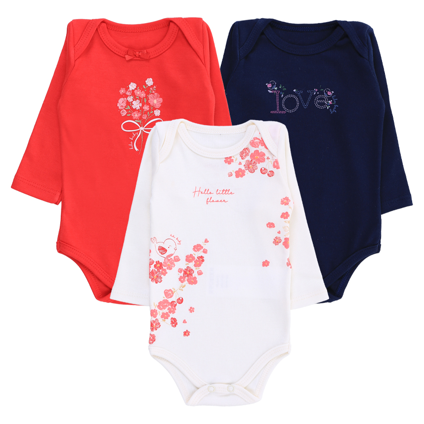 Kit Body Bebê Kiko Manga Longa Estampa Flores 3 Peças