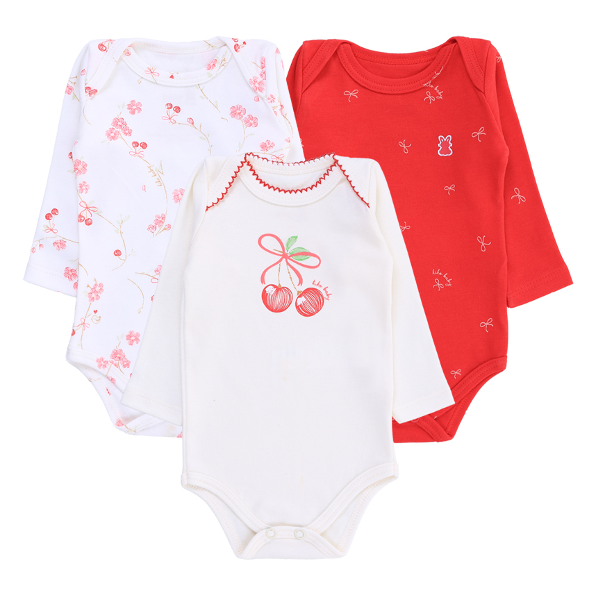 Kit Body Bebê Kiko Manga Longa Estampa Cereja 3 Peças