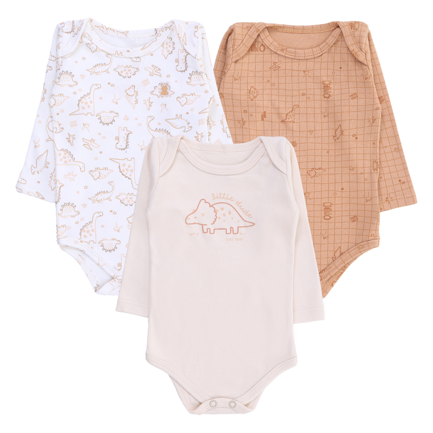 Kit Body Bebê Kiko Manga Longa Estampa Dinossauro 3 Peças
