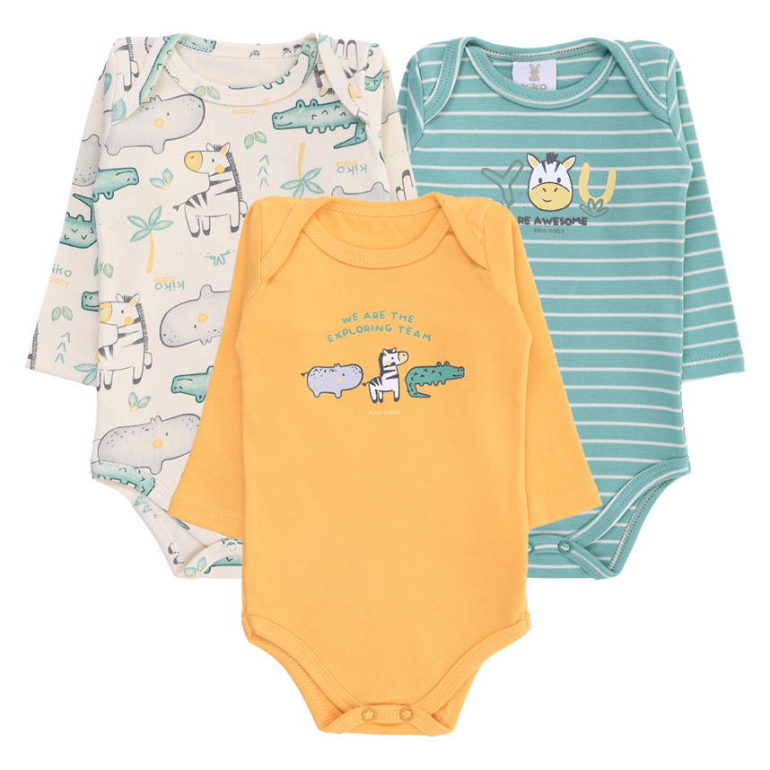 Kit Body Bebê Kiko Manga Longa Estampa Safari 3 Peças
