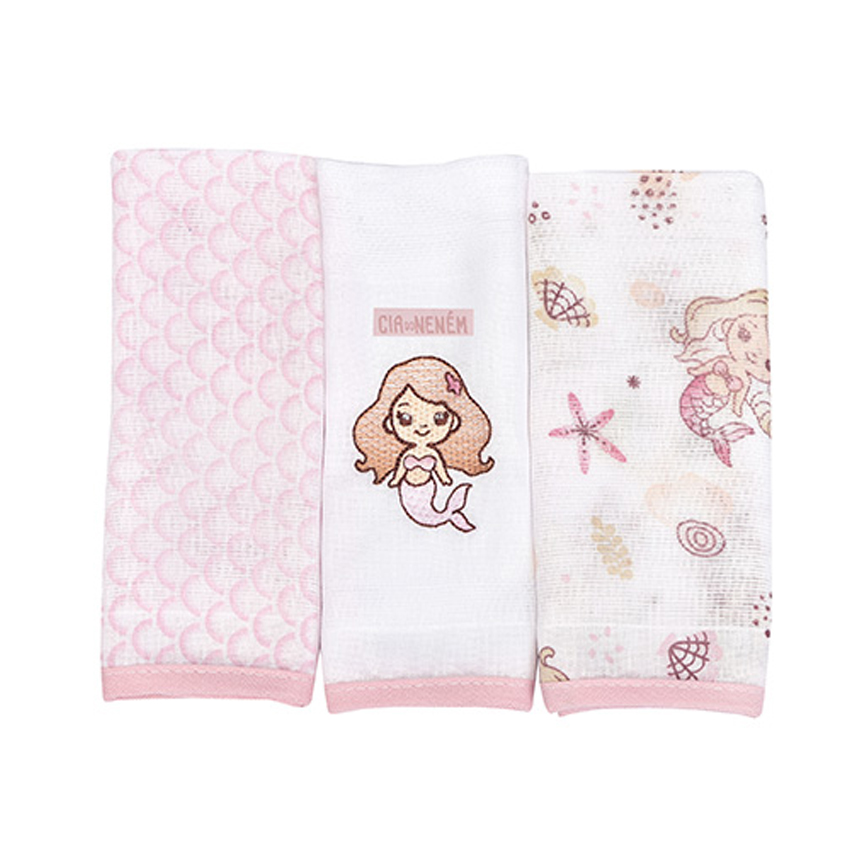 Pano De Boca Cia Do Neném Estampa Sereia 3 Peças