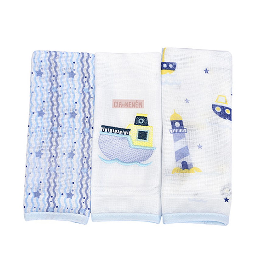 Pano De Boca Cia Do Neném Estampa Barco 3 Peças