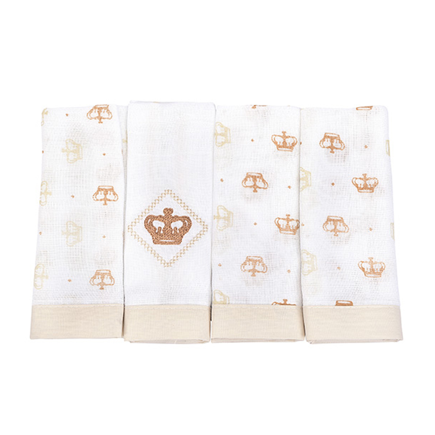 Pano De Boca Reininho Classic Bordado Coroa Bege 4 Peças