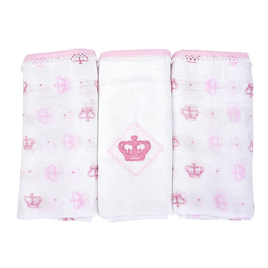 Fralda Bebê Reininho Classic Bordado Coroa Rosa 3 Peças