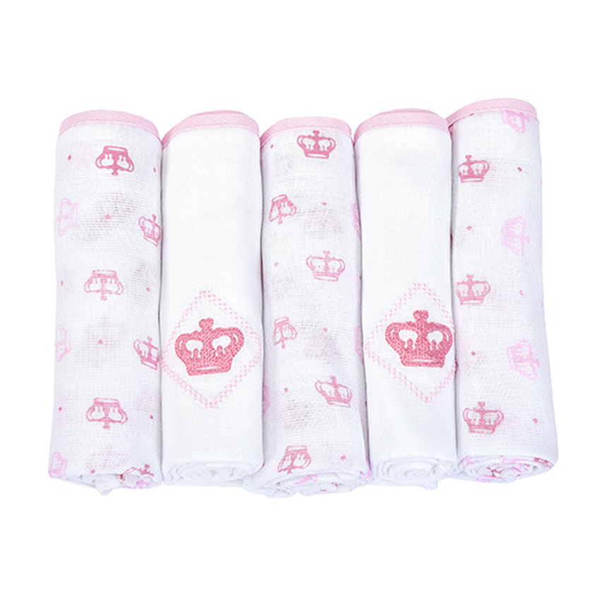 Fralda Bebê Reininho Classic Bordado Coroa Rosa 5 Peças