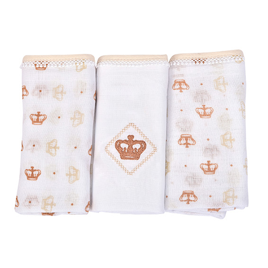 Fralda Bebê Reininho Classic Bordado Coroa Bege 3 Peças