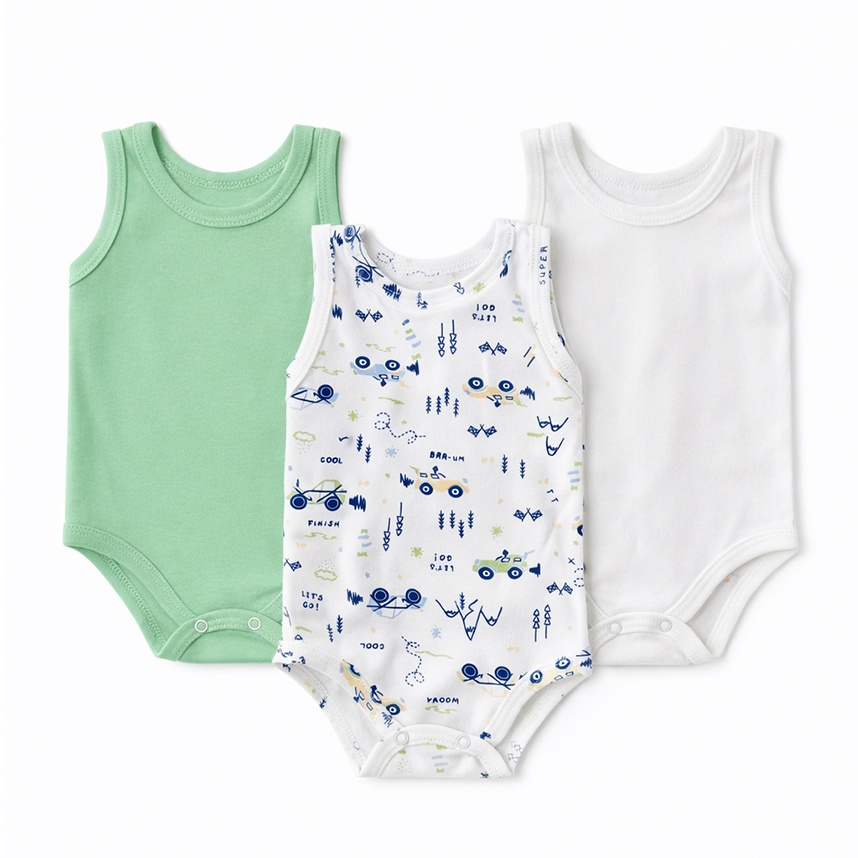 Kit Body Bebê Estilinho Regata Estampa Carros 3 Peças