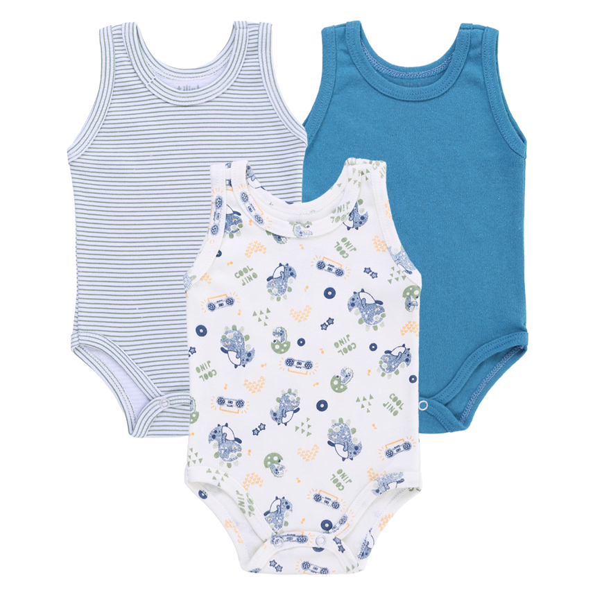 Kit Body Bebê Estilinho Regata Estampa Dinossauros 3 Peças Kit Body Bebê Estilinho Regata Estampa Dinossauros 3 Peças