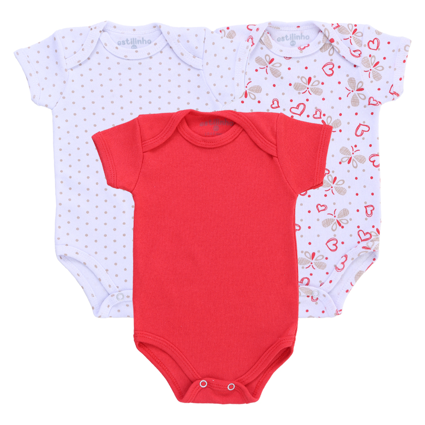 Kit Body Bebê Estilinho Manga Curta Estampa Coração 3 Peças Kit Body Bebê Estilinho Manga Curta Estampa Coração 3 Peças