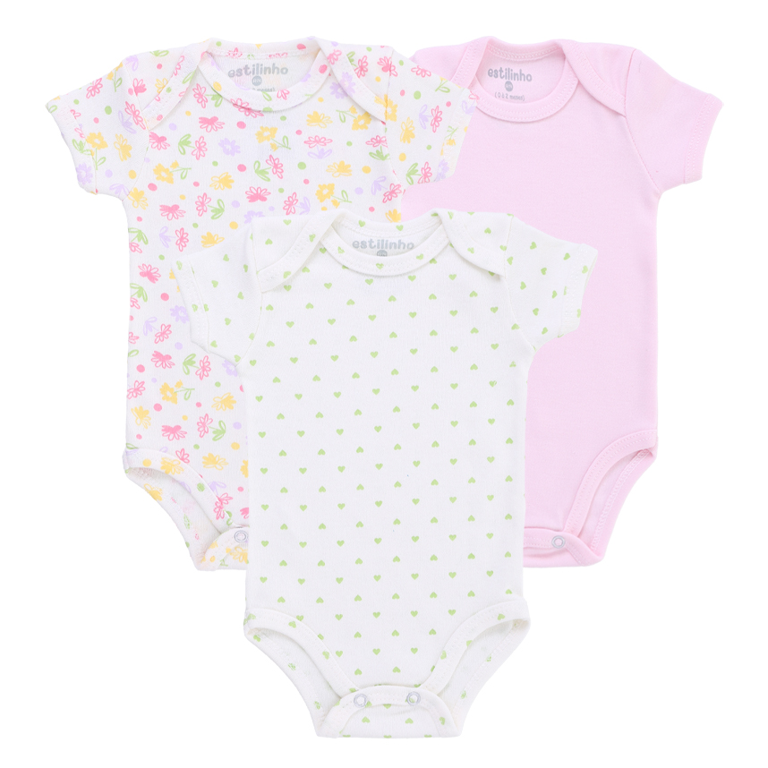 Kit Body Bebê Estilinho Manga Curta Estampa Flor 3 Peças Kit Body Bebê Estilinho Manga Curta Estampa Flor 3 Peças