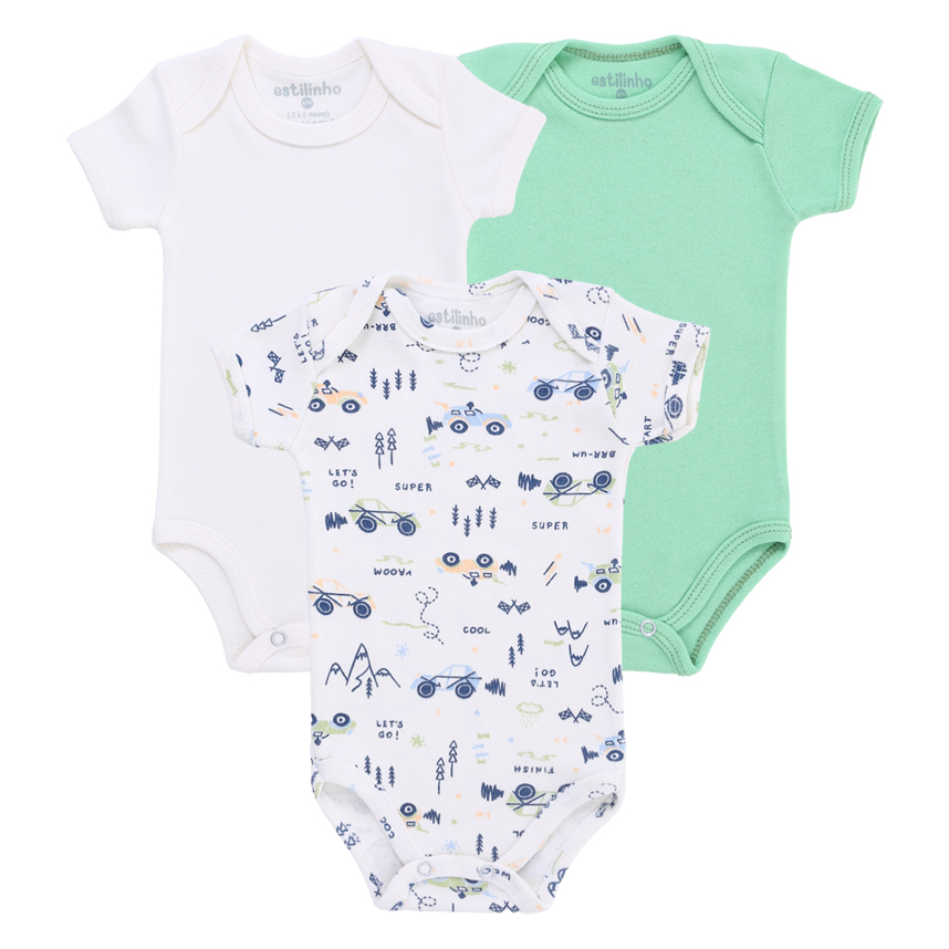 Kit Body Bebê Estilinho Manga Curta Estampa Carros 3 Peças Kit Body Bebê Estilinho Manga Curta Estampa Carros 3 Peças