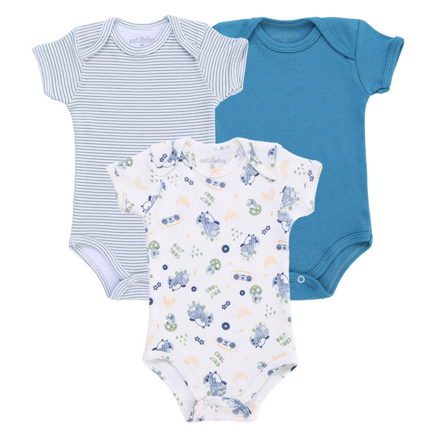 Kit Body Estilinho Manga Curta Estampa Dinossauro 3 Peças Kit Body Estilinho Manga Curta Estampa Dinossauro 3 Peças